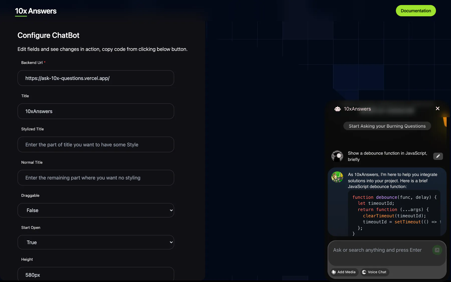 The configurator beside the live widget answering a question with highlighted code.