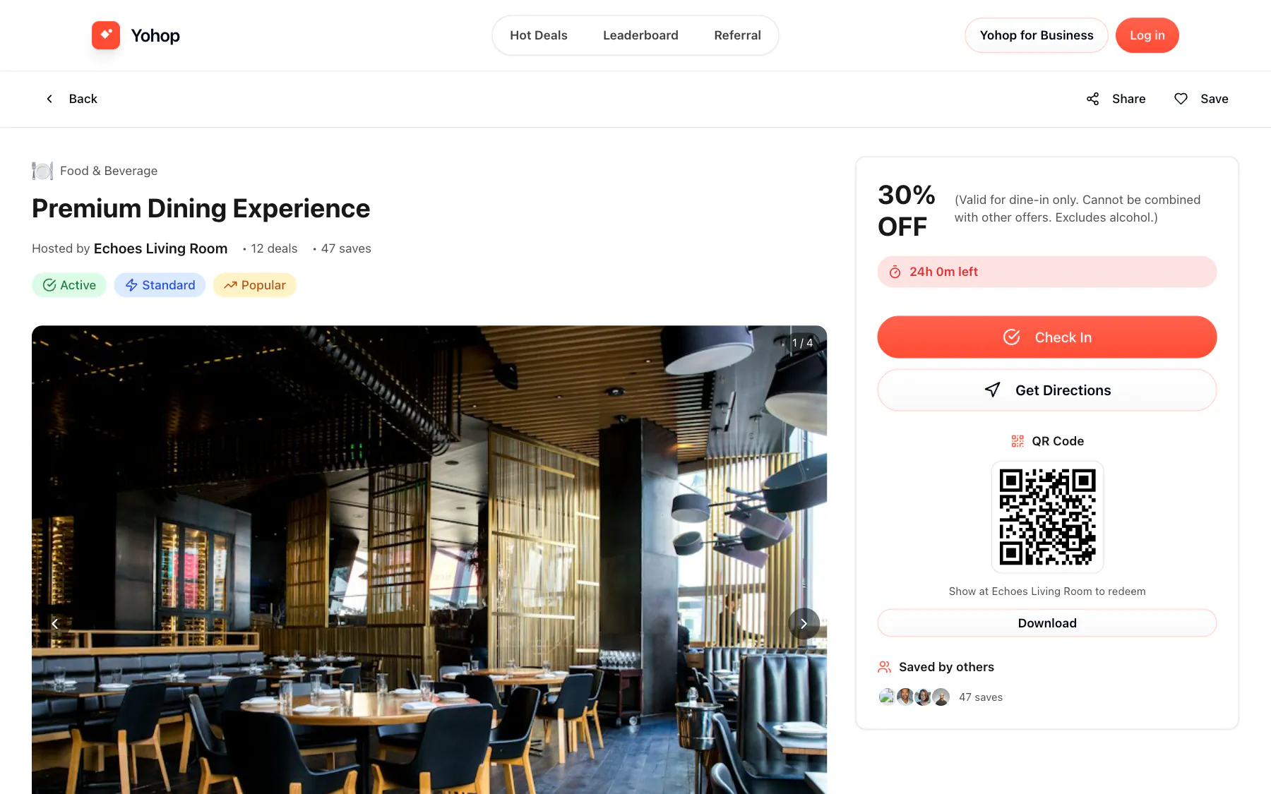 A deal page: photos of the venue, 30% off, check in, directions and a QR code to redeem.