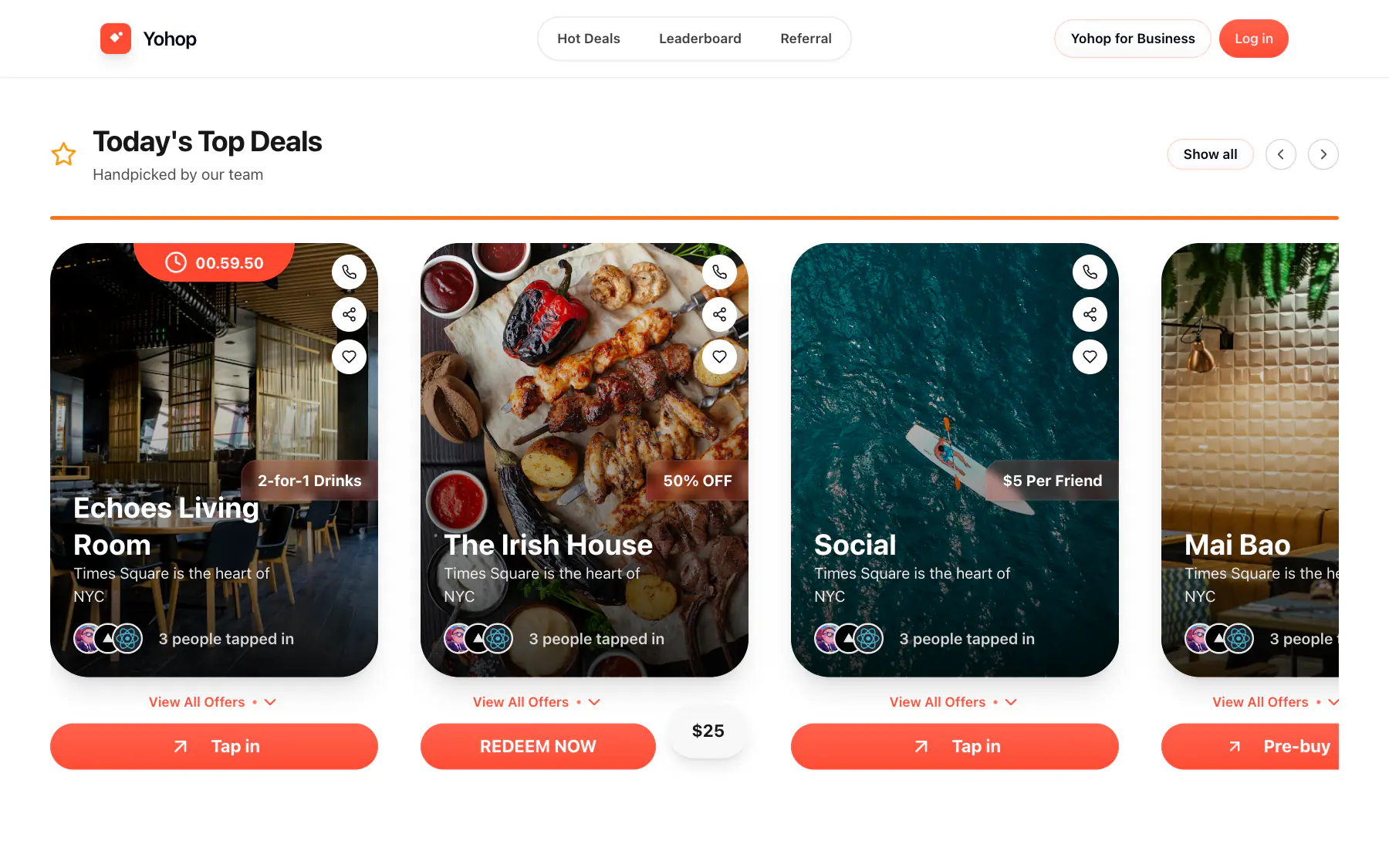 Today's top deals: venue cards with timers, offers and tap in buttons.