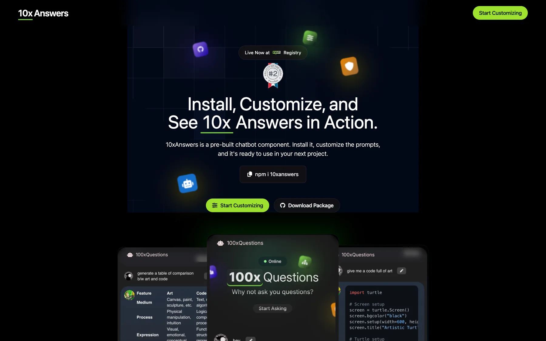 The 10xAnswers playground: install, customize and see the chat component in action.