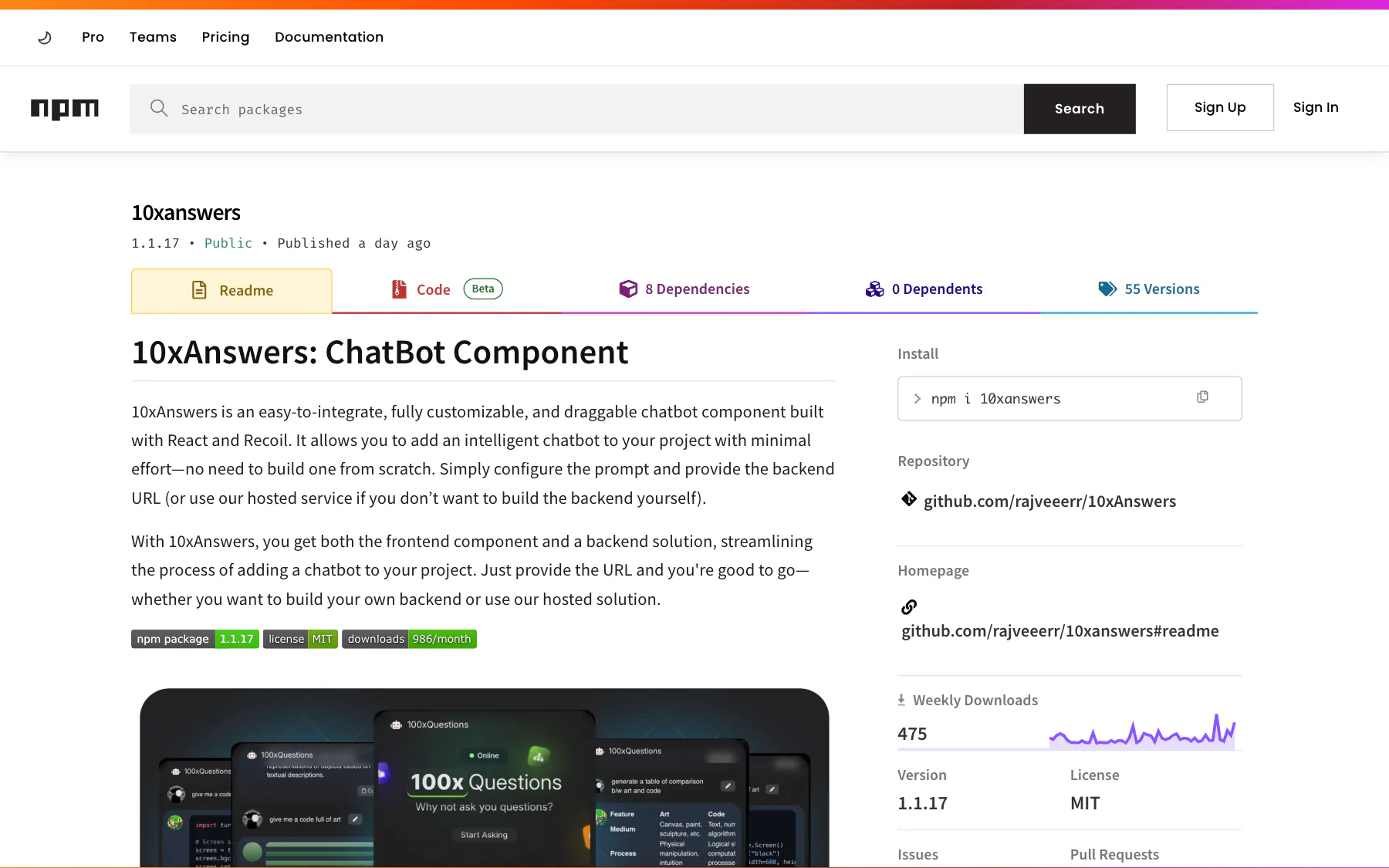 The 10xanswers package page on npm, with its versions and weekly downloads.