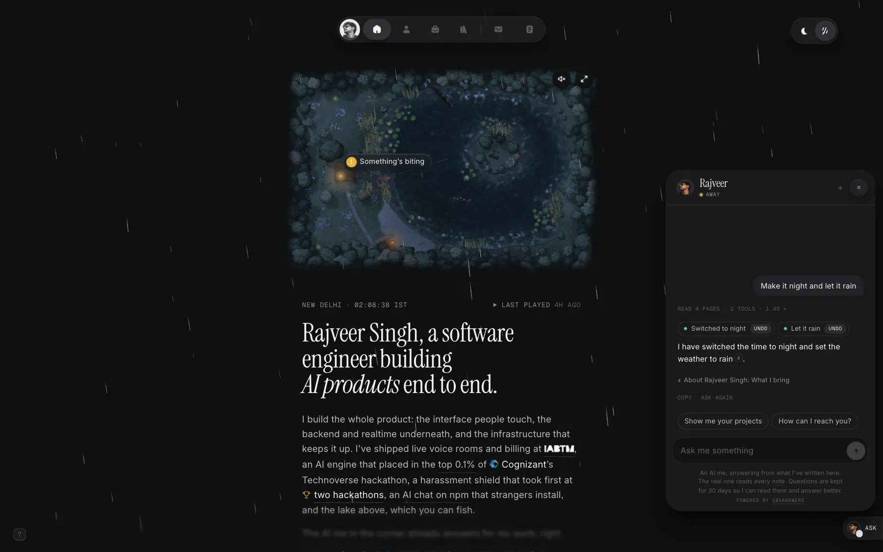 The site at night in the rain, after asking the chat to make it night and let it rain: two receipts, Switched to night and Let it rain, each with an Undo, above its one-line answer.