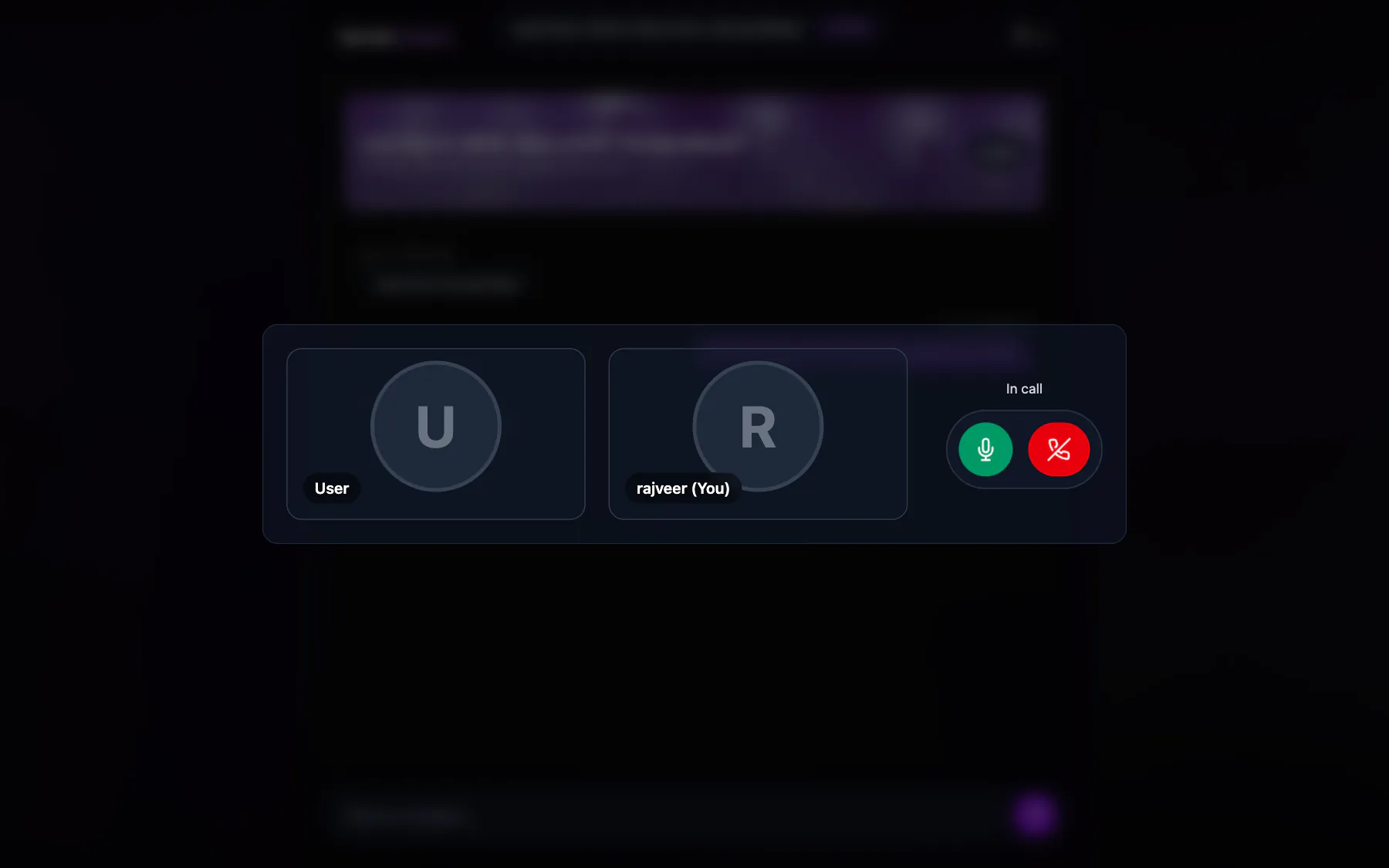 Two people in a peer to peer voice call, with mute and hang up controls.