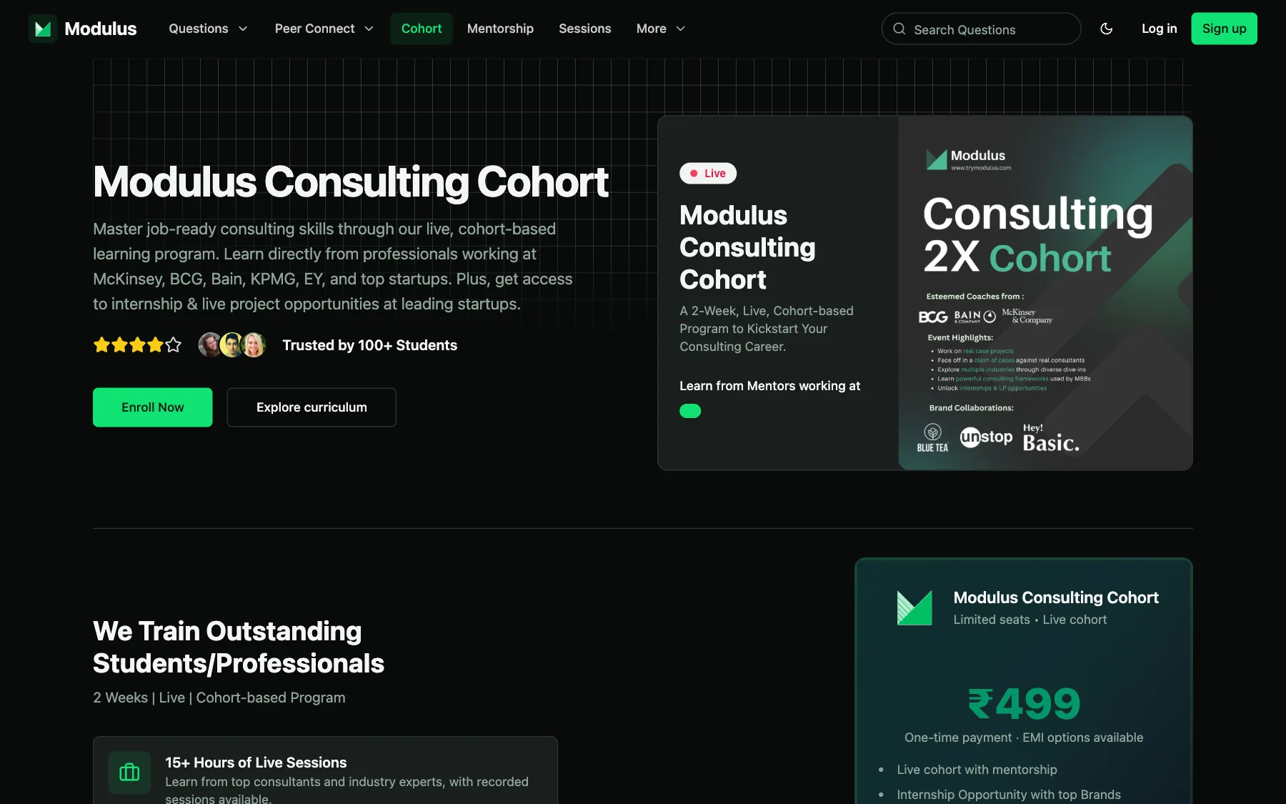 A cohort page: the program, its curriculum and an enroll button beside the price.