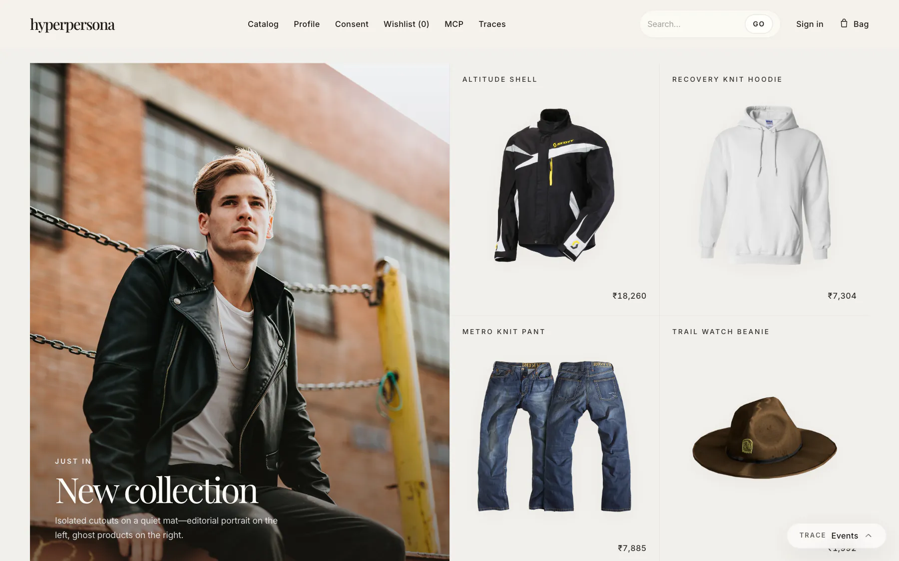 A new collection section: an editorial portrait beside four products with prices.