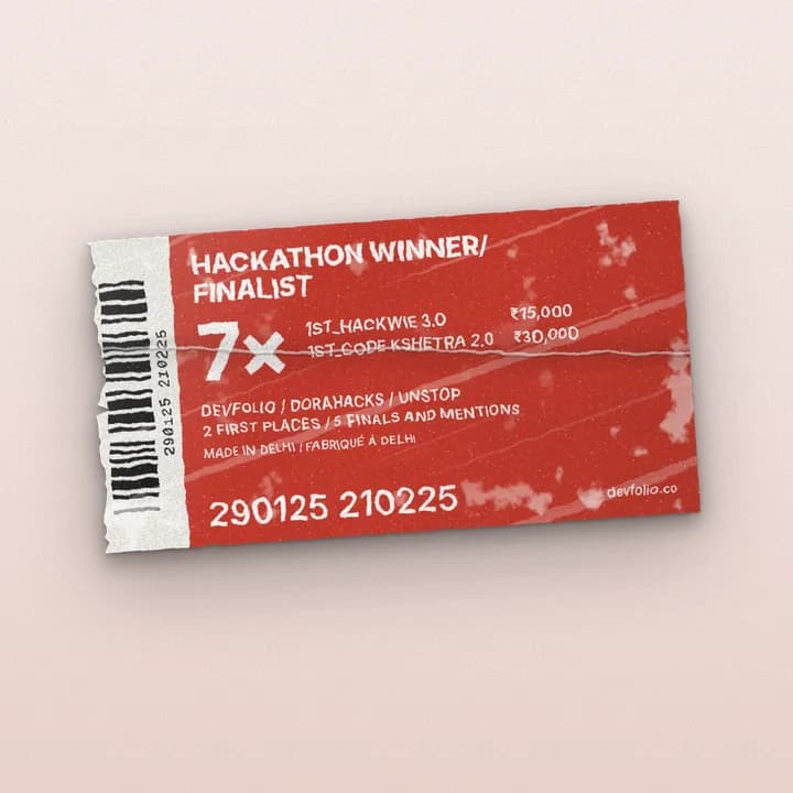 A red label: 7× hackathon winner or finalist, first at HackWIE 3.0 and Code Kshetra 2.0.