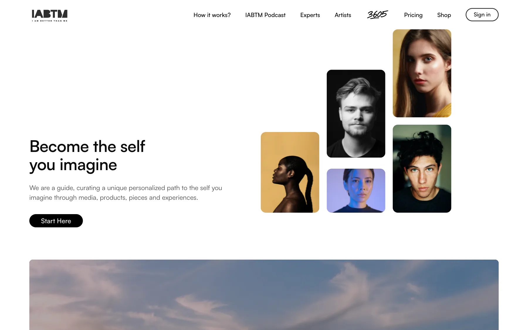 The IABTM home page: Become the self you imagine, beside a collage of portrait photos.