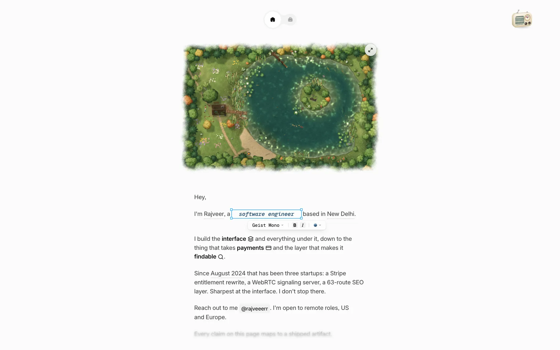The home page of this site, with the lake above the introduction.