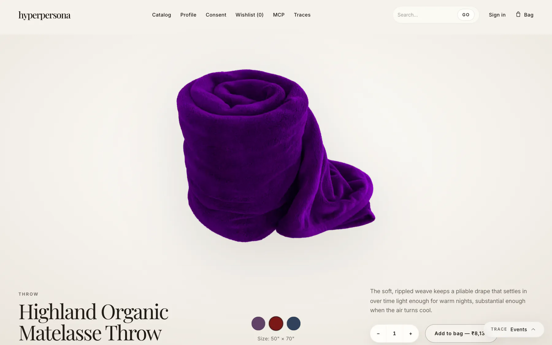 The HyperPersona storefront: a folded throw on a product hero, with colour swatches and an add to bag button.