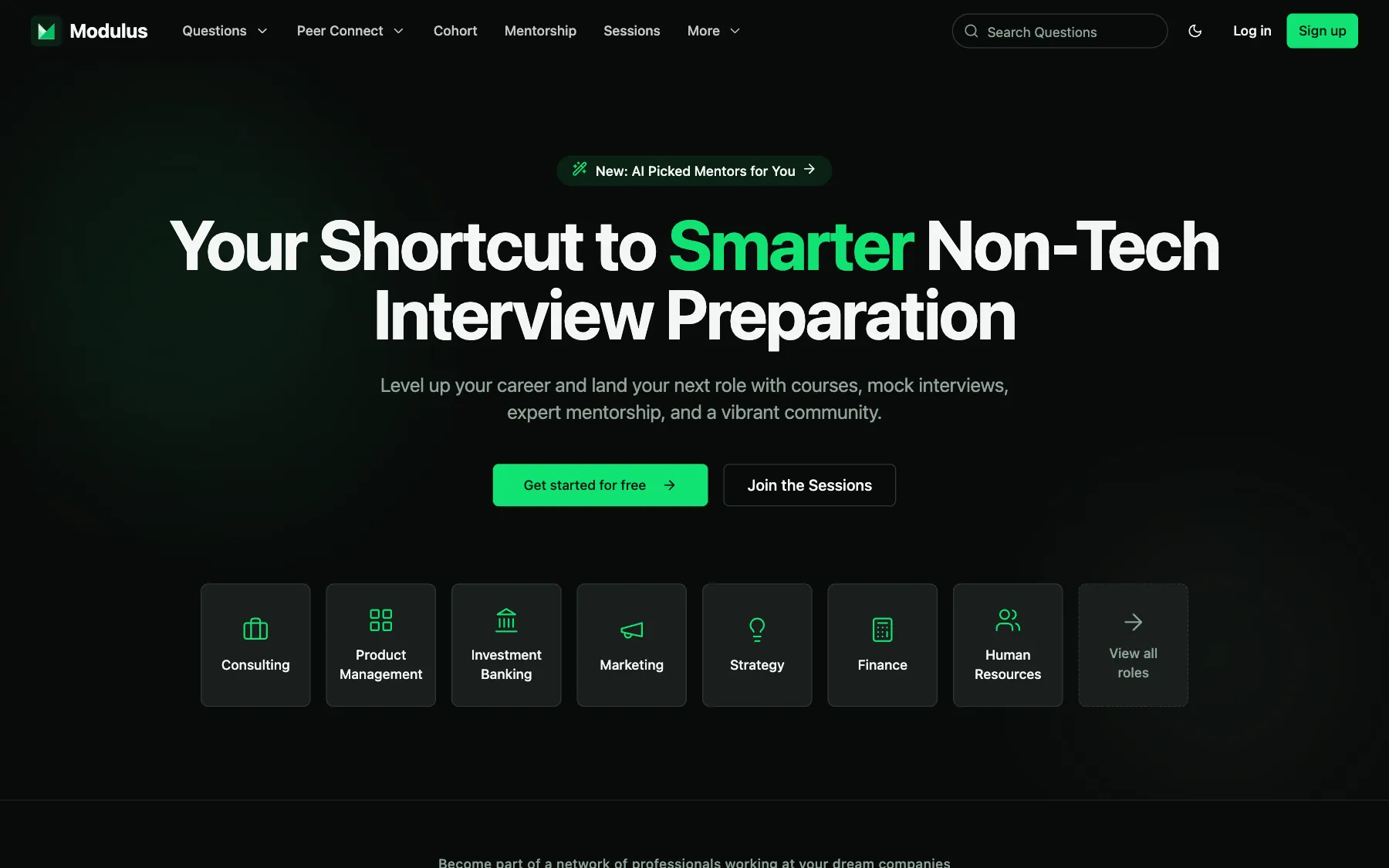 The Modulus home page: a shortcut to non-tech interview preparation, with a tile for each role.