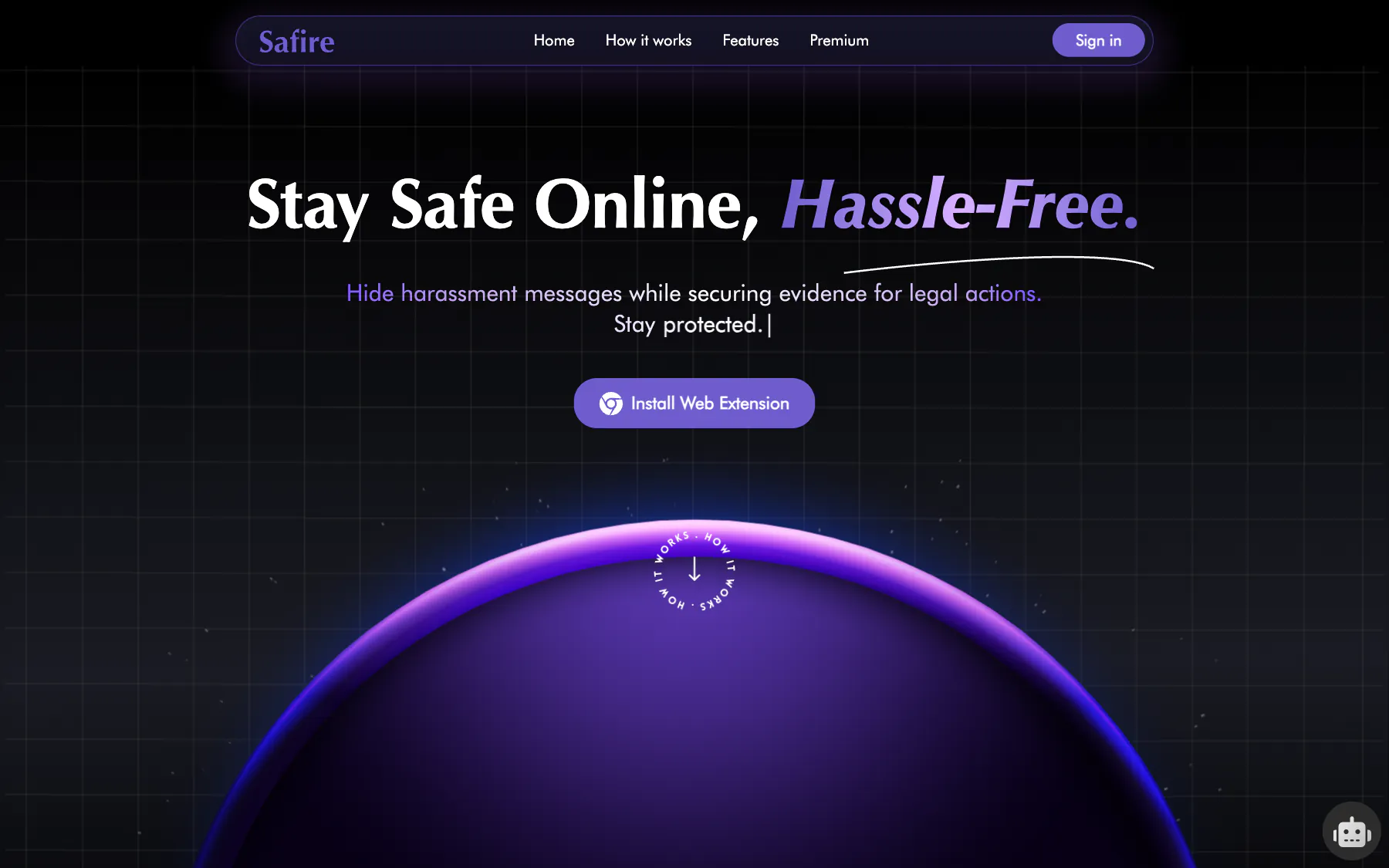 The Safire landing page: Stay Safe Online, Hassle-Free, with an install extension button.