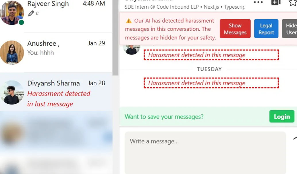A LinkedIn inbox with Safire running: harassing messages hidden behind warnings, with show, report and hide user buttons.