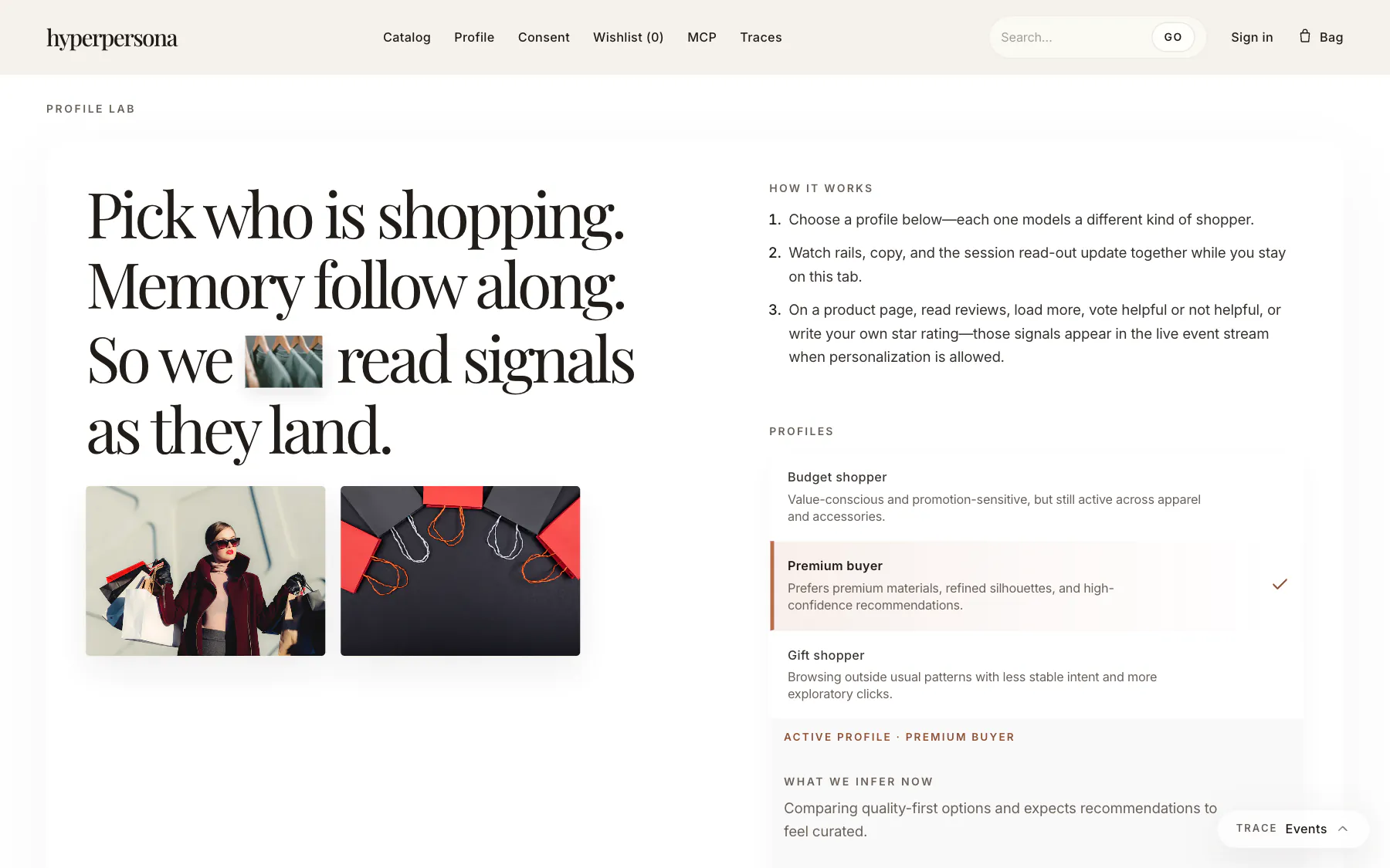 The profile lab: pick a shopper profile and see what the engine infers from their signals.