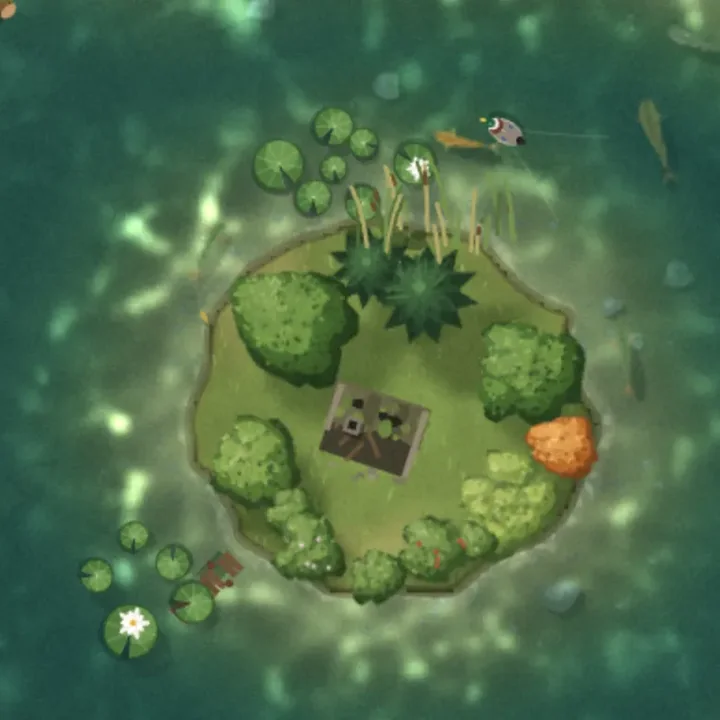 The lake on this site from above: an island of trees and a hut in green water, with lily pads.