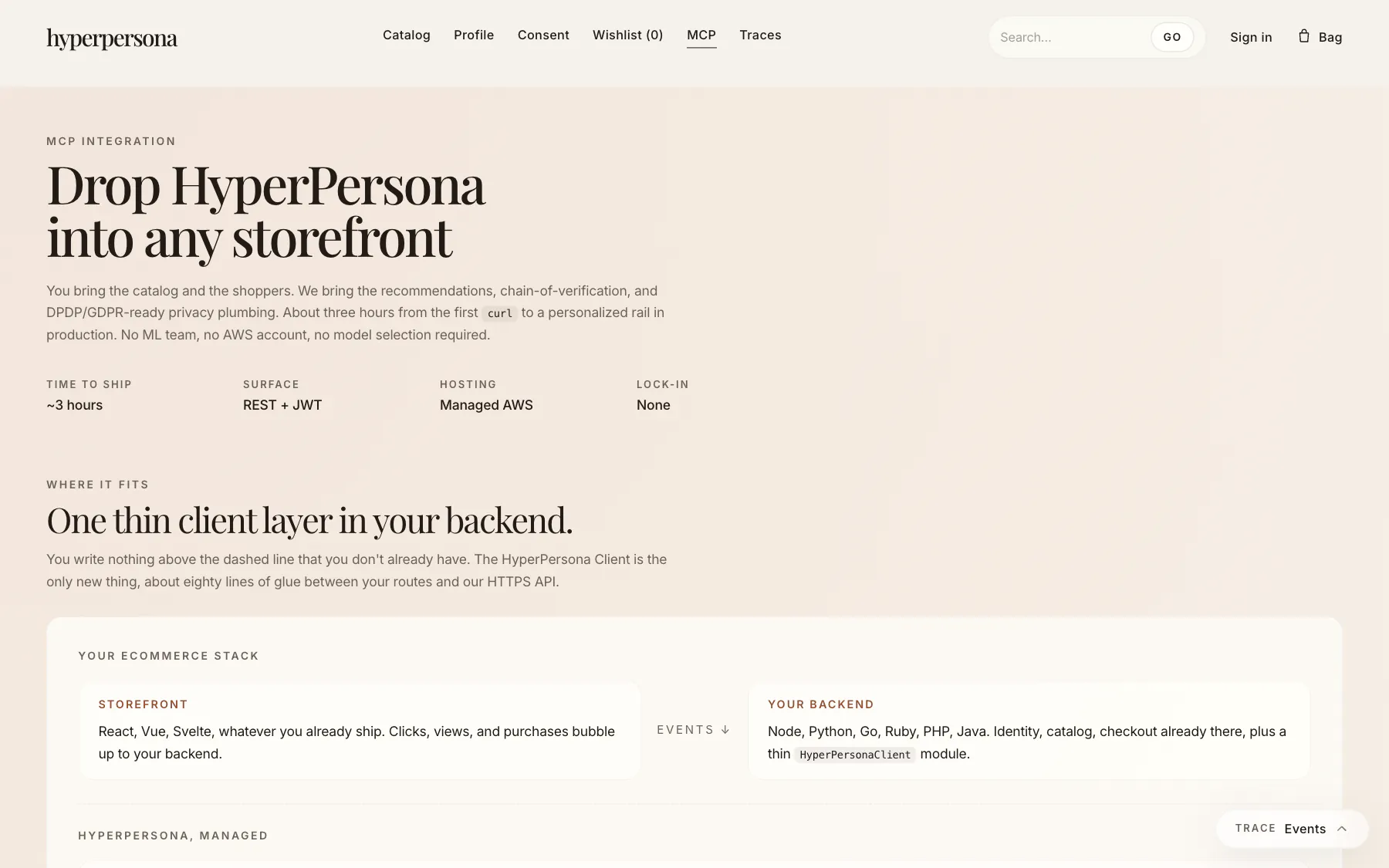 The integration page: drop HyperPersona into any storefront with one thin client layer.
