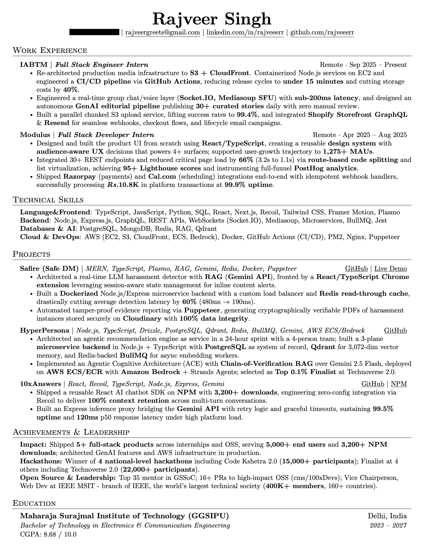 Rajveer Singh's résumé, one page. The PDF has it as text.
