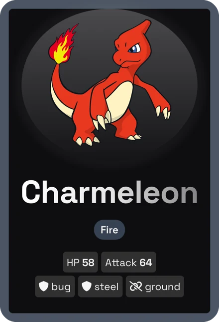 A PokéDecks card: Charmeleon, fire type, with its stats.