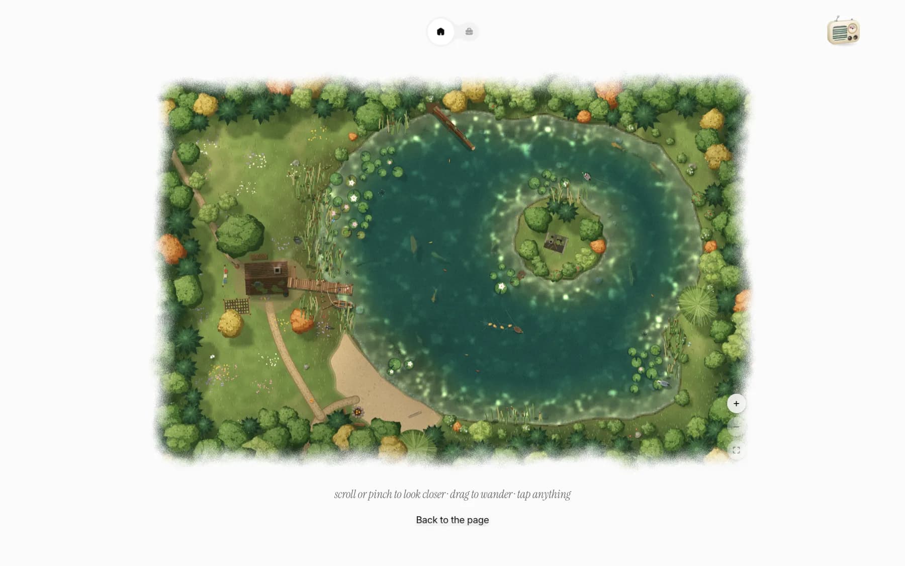 The lake full screen: a painted pond with an island, a jetty, lily pads and trees around the shore.