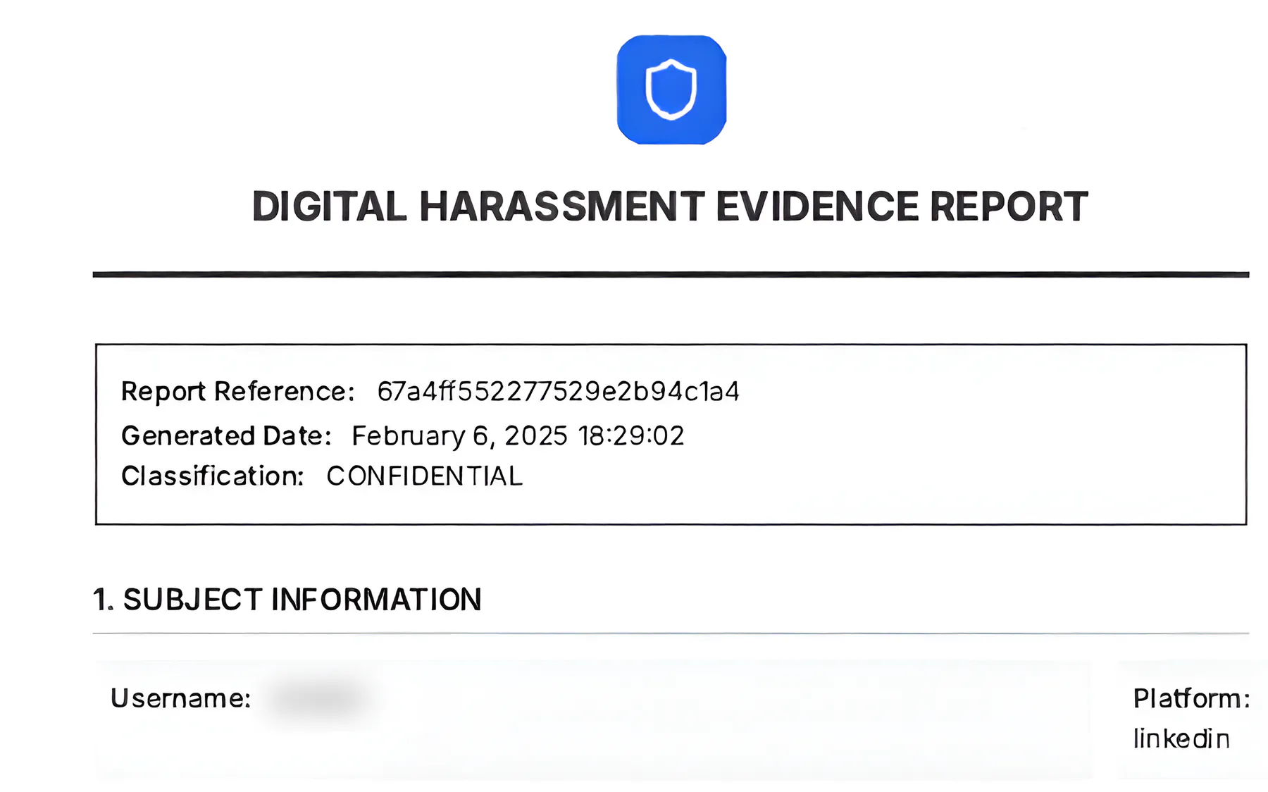 A generated evidence report: reference, date, classification and subject information.