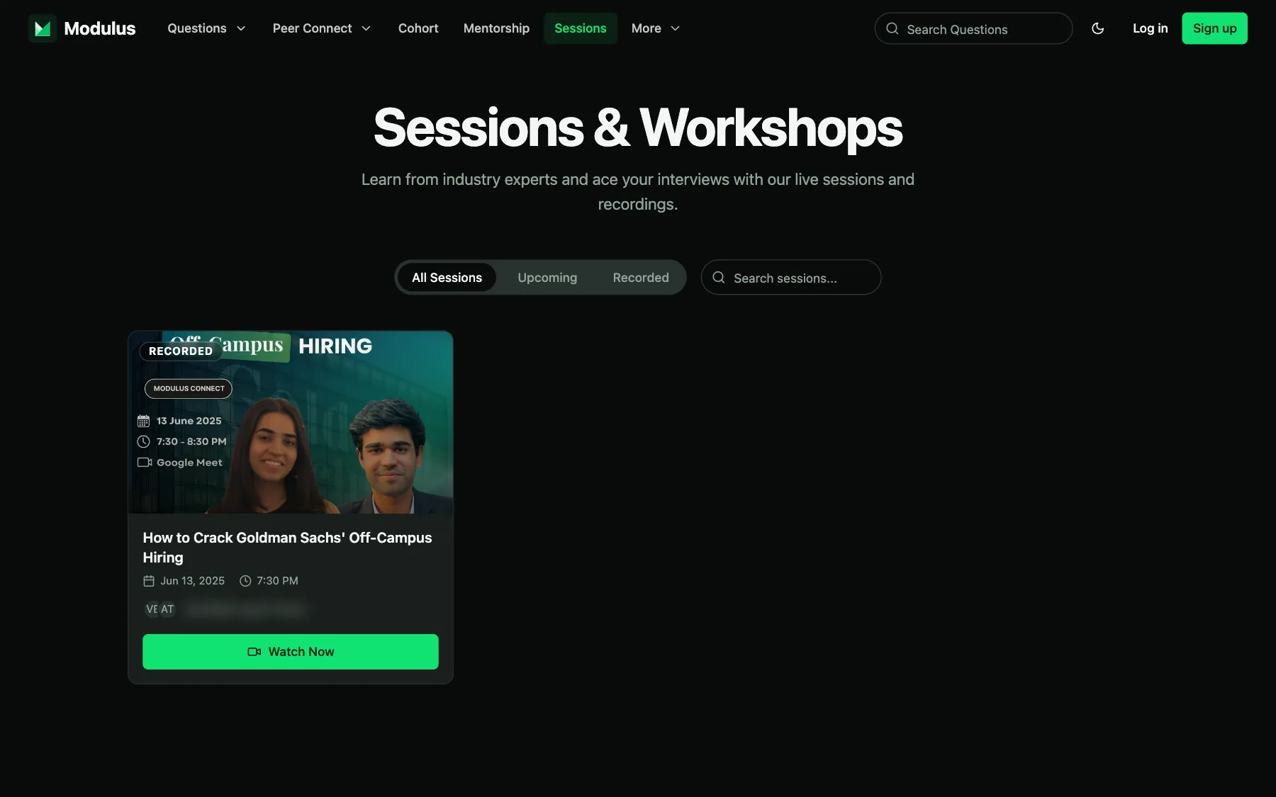 Sessions and workshops: a recorded session with its date, time and a watch now button.