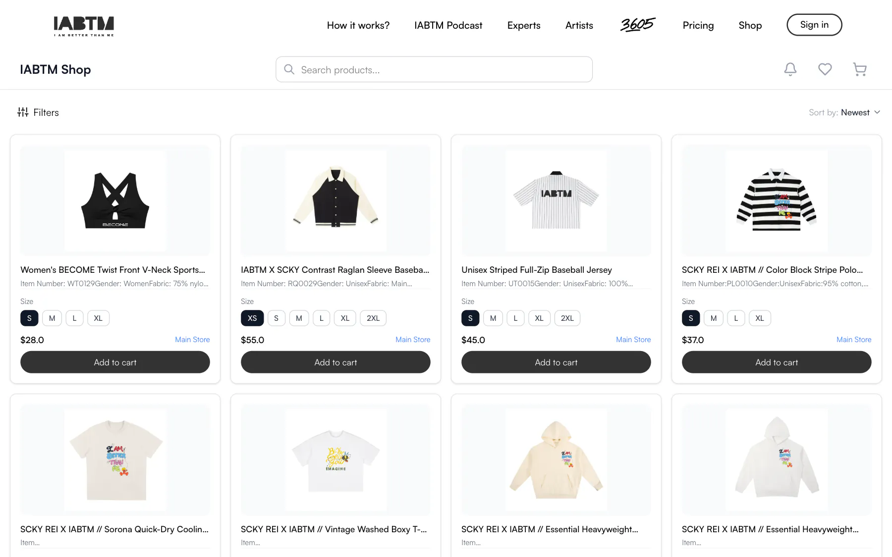 The IABTM shop: a grid of apparel with sizes, prices and add to cart buttons.