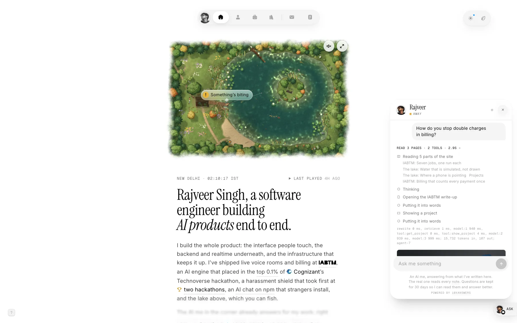 The chat's answer opened up to its steps: reading five parts of the site, thinking, opening the IABTM write-up, showing a project, and a line of timings and tokens for each model request.
