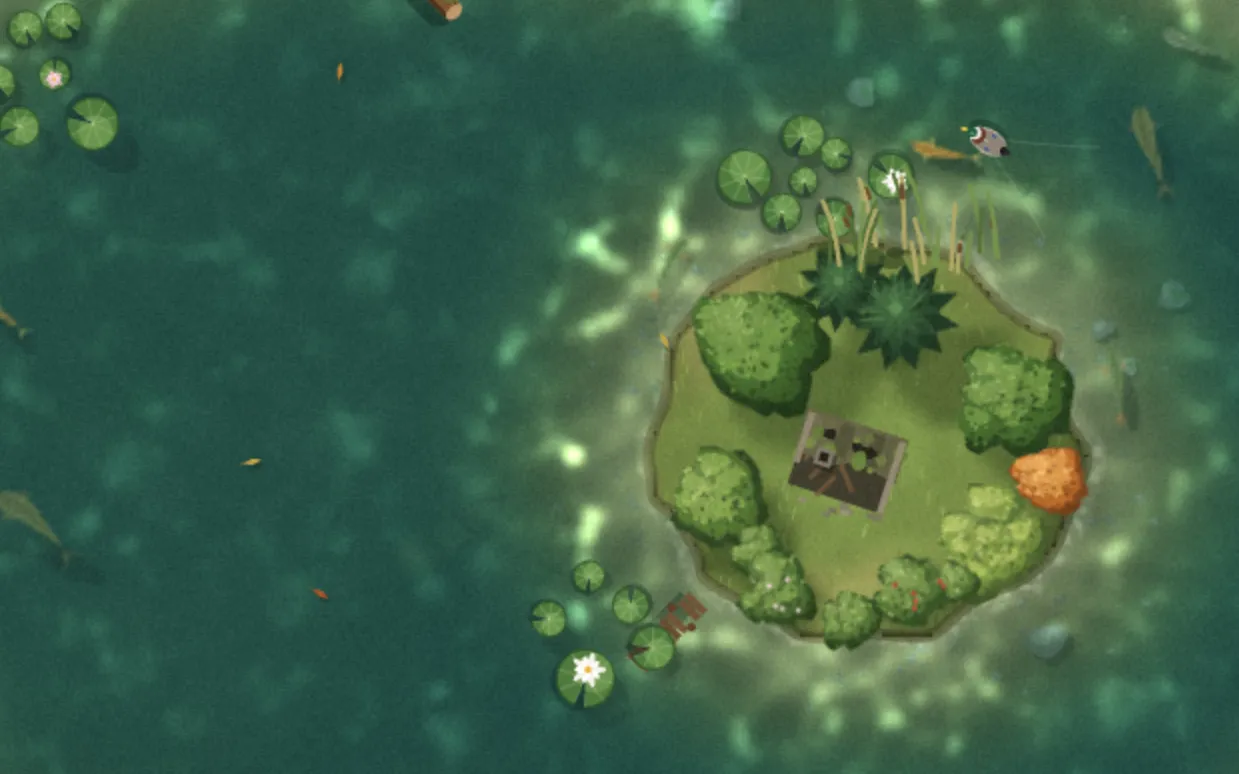 A close view of the water: caustics dancing on the bed, fish under the surface and a duck near the island.