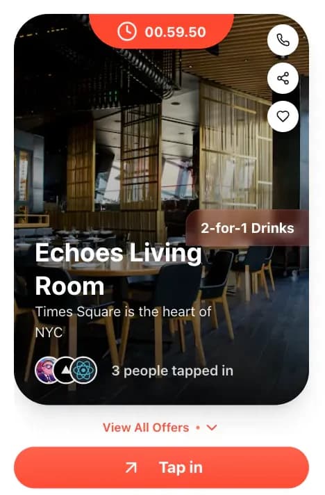 A Yohop deal: 2-for-1 drinks at Echoes Living Room, with a live countdown.
